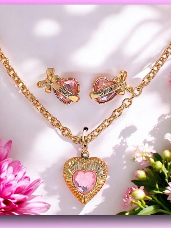 Juicy Couture Pink Gold Heart Crystal Charm Locket Necklace & Earrings Set NIB - Picture 1 of 7